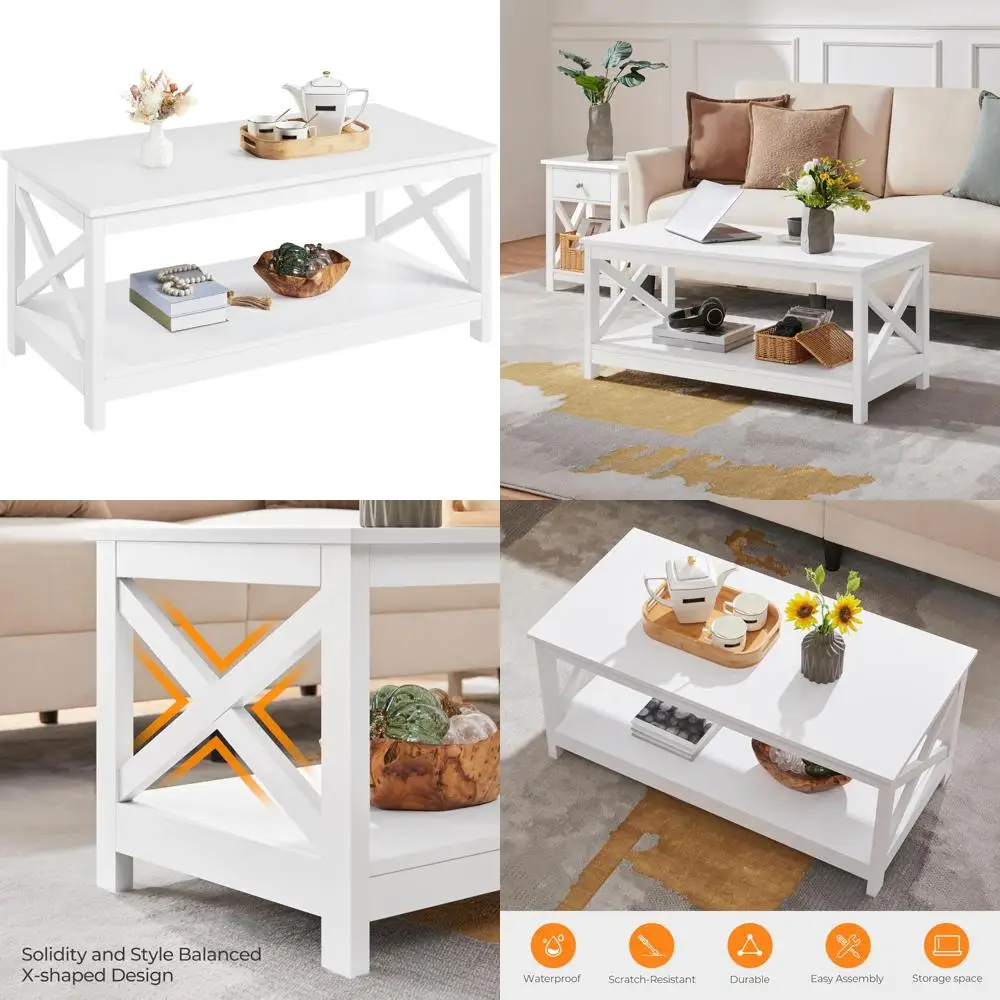 

White 2-Tier Wood Coffee Table with Storage Shelf for Living Room, X-Design Accent Cocktail Table, Simple Home Decor