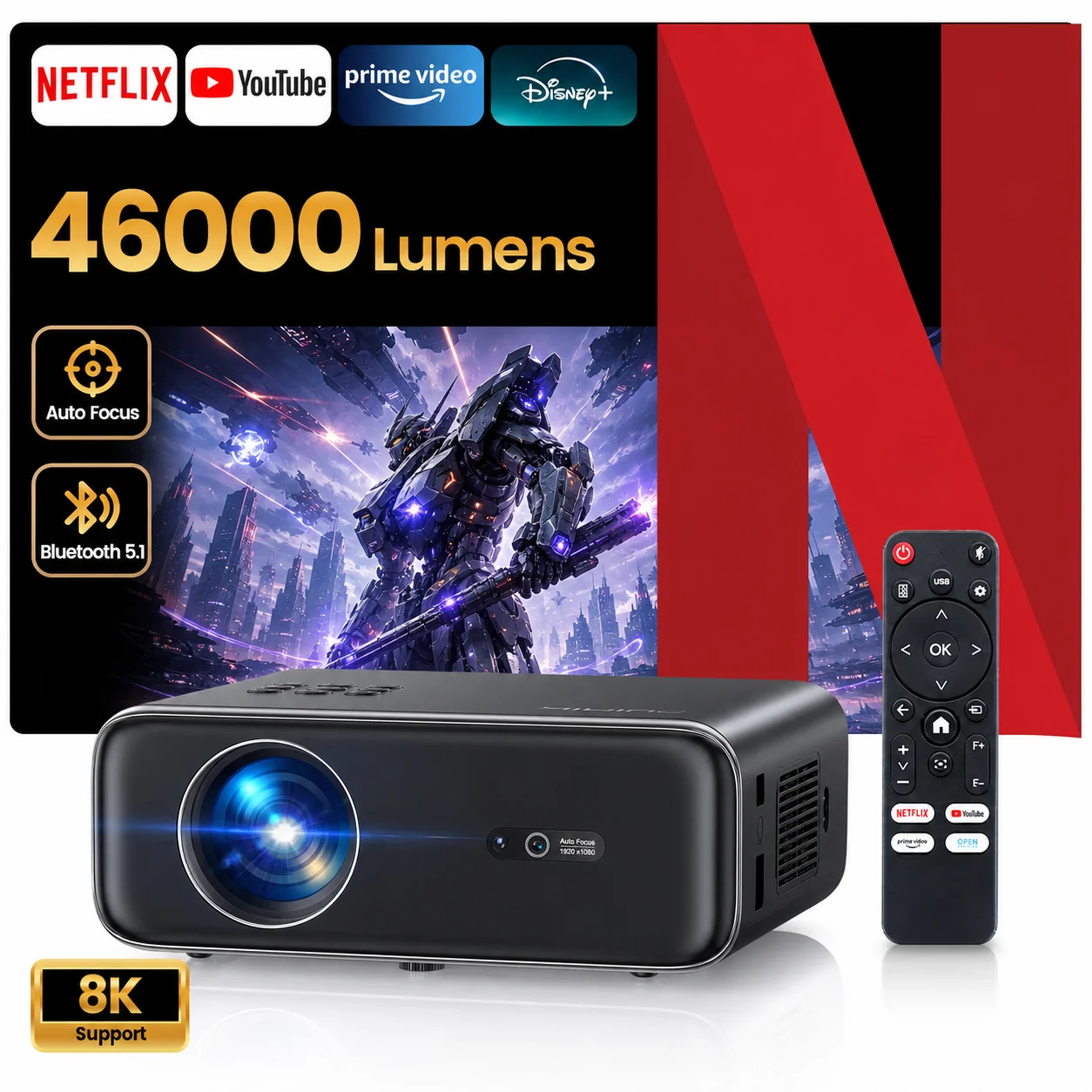 Wimius 4K 45000Lumens Smart Projectors Netflix Licensed Dolby Audio Auto Foucs Full HD 1080P High Brightness Movie Projector