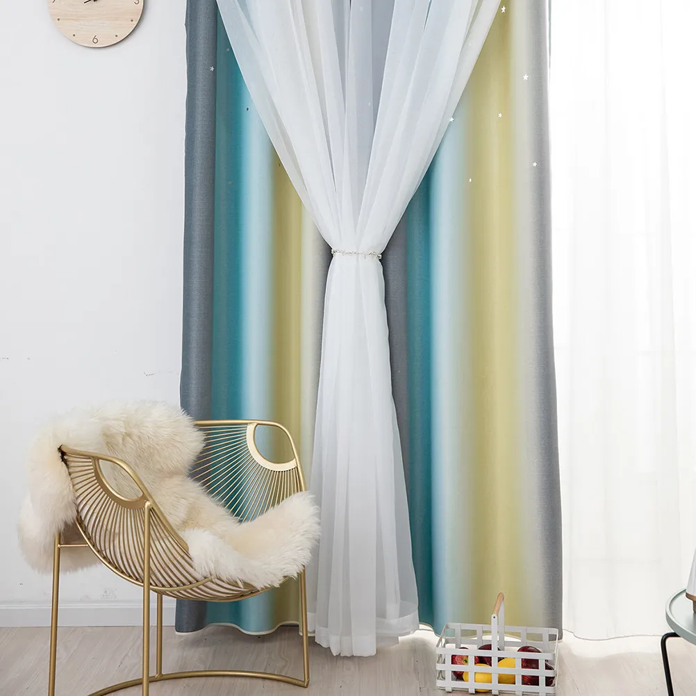 Double Layer Dacron Mesh Curtain with Shining Star Pattern Beige One-Sided Design for Bedroom Living Room Shading Heat view 3