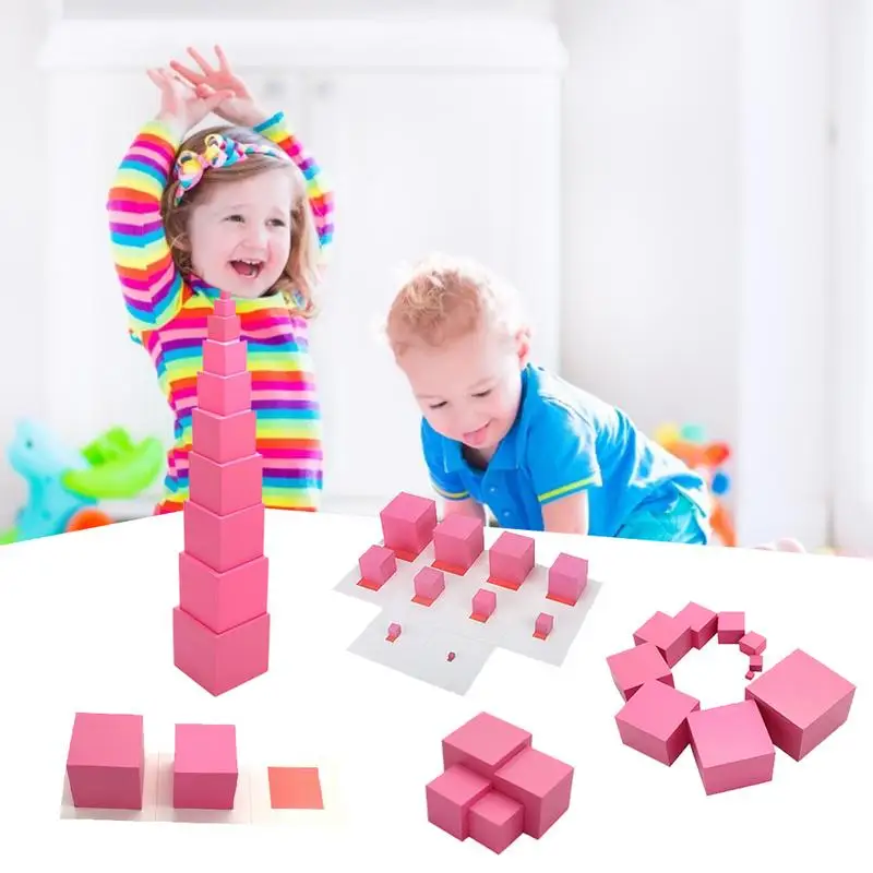 Pink Tower Wooden Pink Tower Stacking Blocks Stacking Tubes Montessori Sensory Attention Training Teaching Tool Intellectual