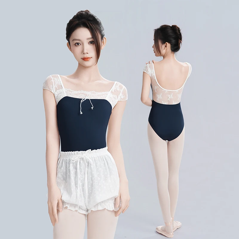 

Women Lace Floral Splice Dance Leotard Elegant Square Collar U Back Gymnastics Jumpsuit Stretchy Ballet Basic Bodysuit Outfits