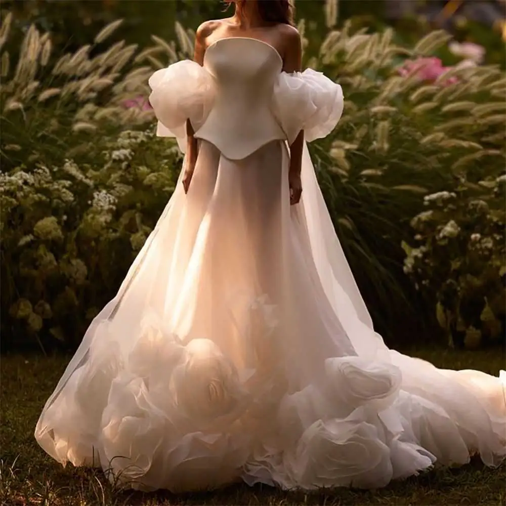 vestido-de-noiva-elegante-ombro-de-fora-manga-bufante-linha-a-floral-com-cauda-longa-costas-nuas-festa-de-noite-vestido-de-baile