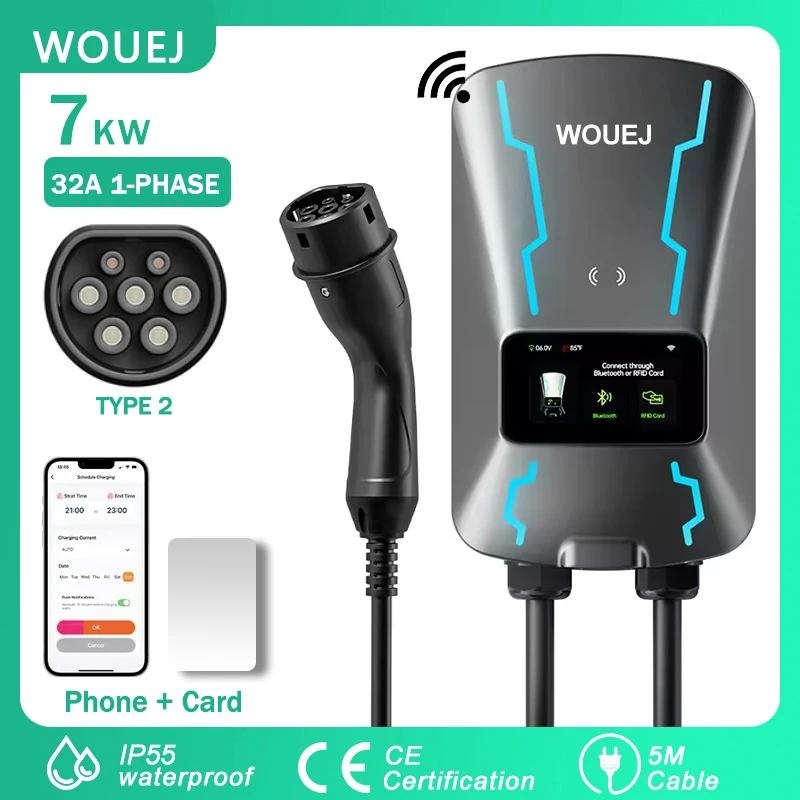 WOUEJ EV Charging Station Type 2 7KW 32A 1 Phase  Electric Vehicle Car Charger Wallbox with LCD Screen APP Control RFID Card