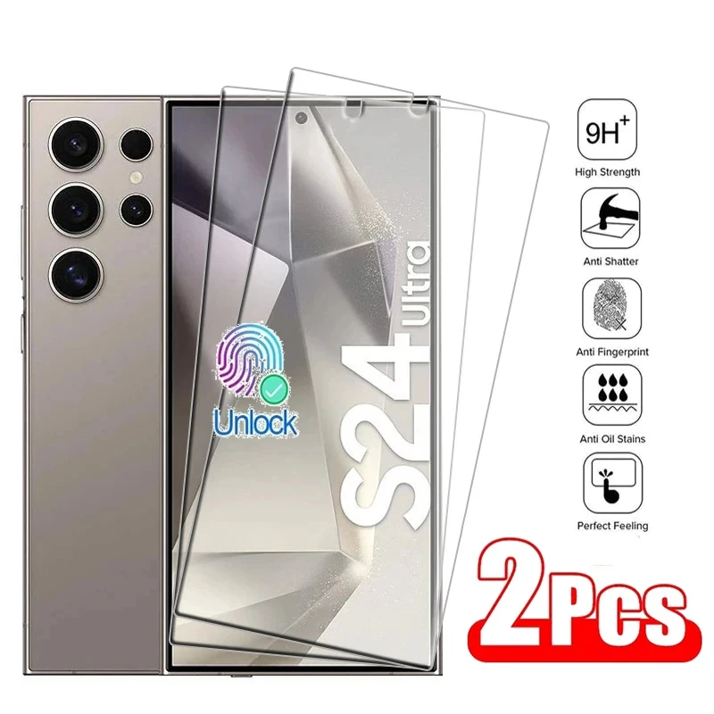 2PCS Screen Protector For Samsung Galaxy S24 Ultra S22 S23 FE S21 S24 Plus Tempered Glass Fingerprint Unlock HD Protective Film