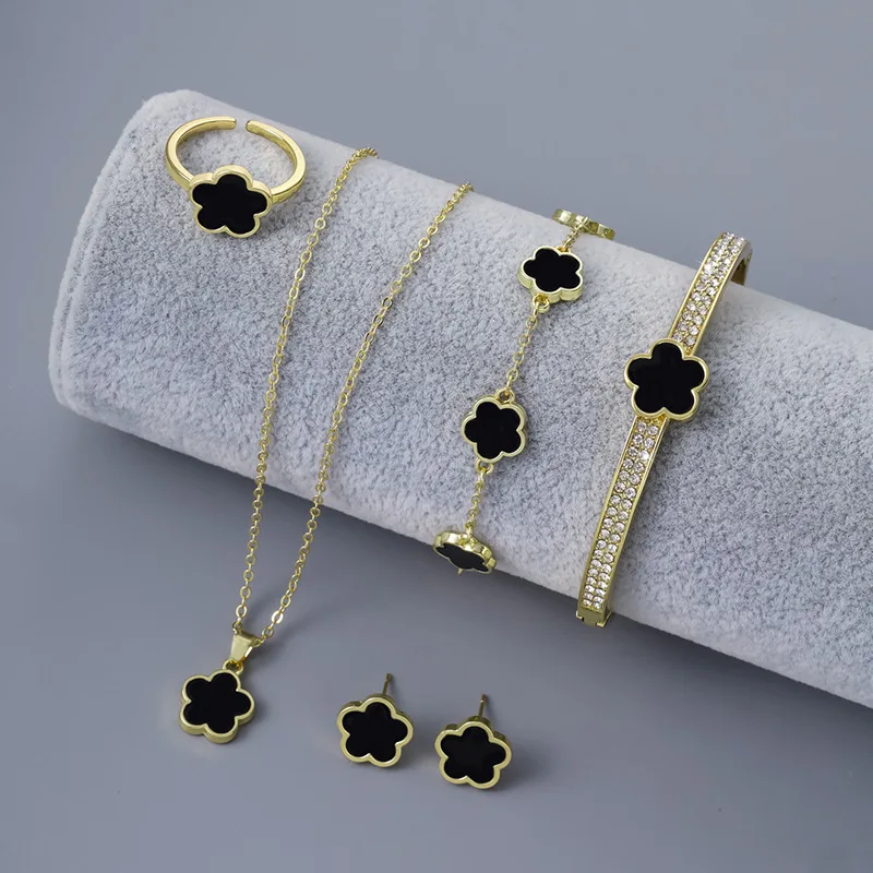 5pcs/set Luxury Quality Jewelry Sets Plum Blossom Plant Five Leaf Flower Women's Earrings Rings Bracelet Necklace Bangles Gift