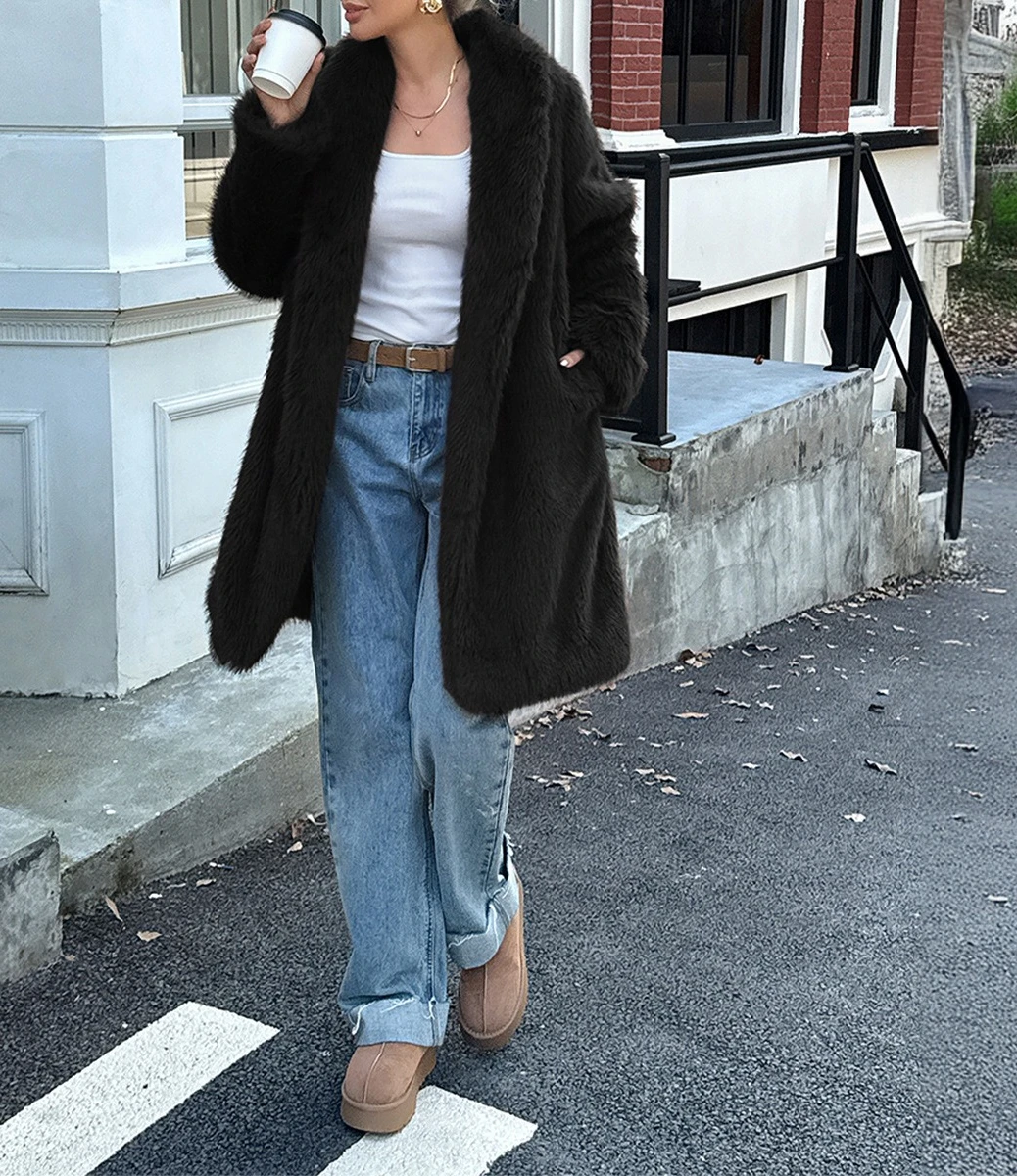 Elegant Plush Long-Sleeve Coat for Women 2025 Autumn and Winter