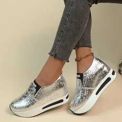 New Women's Sneakers Silver Womens Vulcanized Shoes PU Leather Waterproof Platform Women Shoes Slip-on Loafers Wedge Zapatillas