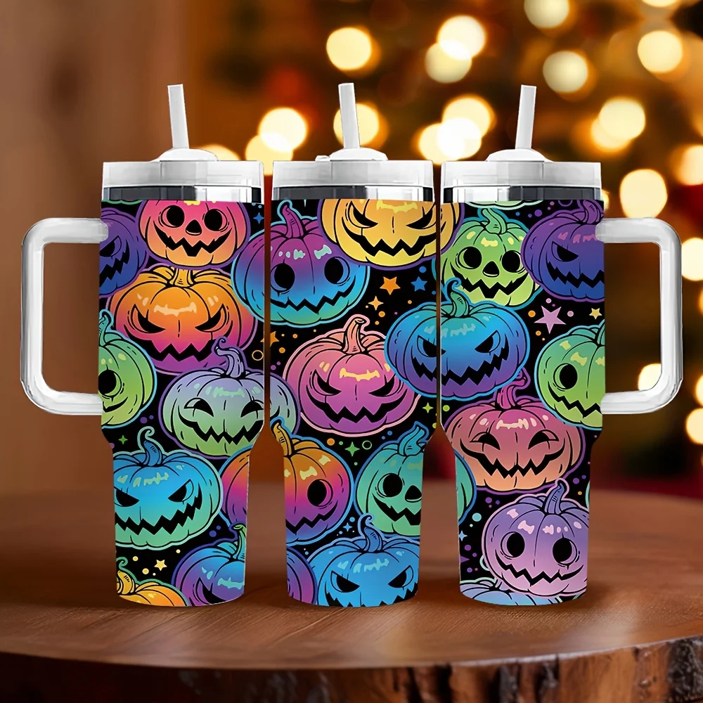 Colorful Hand Drawn Halloween Smiling Jack O' Lantern Print Insulated Travel Tumbler with Handle And Reusable Drinking Straw for Outdoor Daily Use