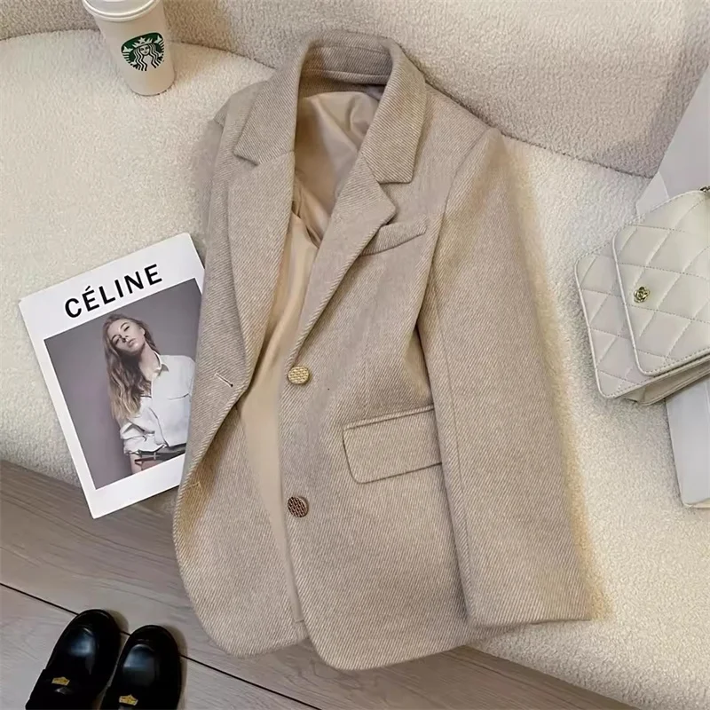 

High-Quality Woolen Suit Jacket WomenNew Autumn Winter Long Sleeve All-match Blazer Coat Female Office Ladies Suit Outwear Tops