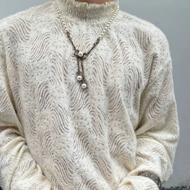 Japanese Half Collar Lace Base Pullovers New Unisex Style Knitted Long Sleeved T-shirt Men Hollowed Out Temperament Thin Sweater