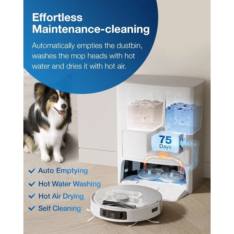 Robot Vacuum and Mop,Hot Water Mop Washing,Auto Hot Air-Drying,9mm AutoMop Lifting,Dual Spinning Mops,Self-Emptying