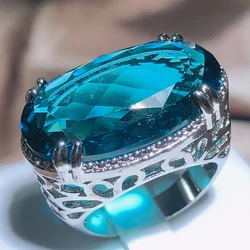 2022 New Exaggerated Large Zircon Ring Women 925 Stamp Party Birthday Gift Oversized Blue Main Stone Ring