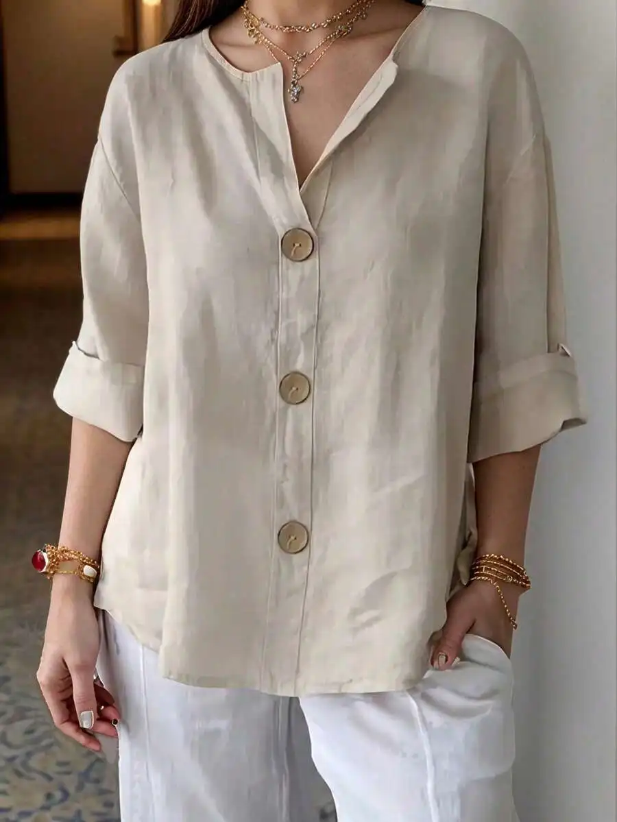 

Женская свободная рубашка из льняной смеси однотонного цвета с пуговицами спереди