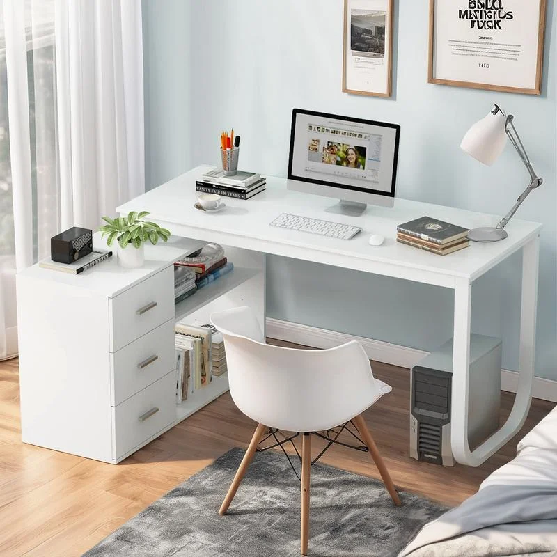 

White L Shaped Desk with Storage Drawers, Gaming Style Desk