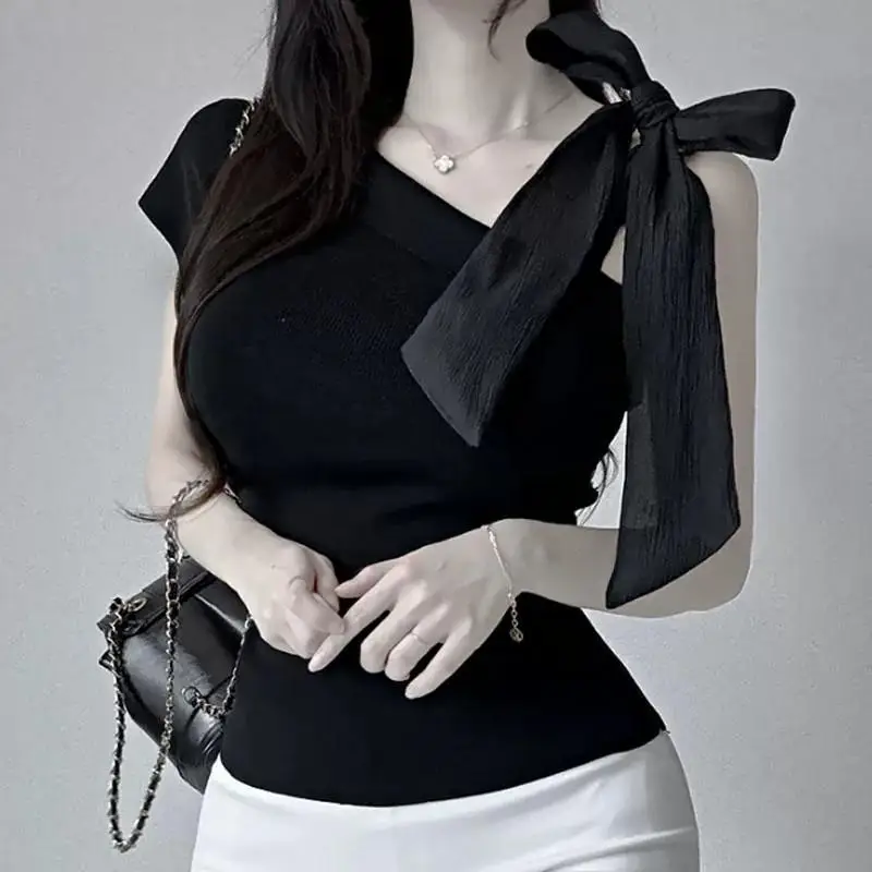 

Sexy Women's Slant Shoulder Tied Waist Short Sleeve T-Shirt Korean Style Slim Fit Knitted Top Skin-friendly Breathable