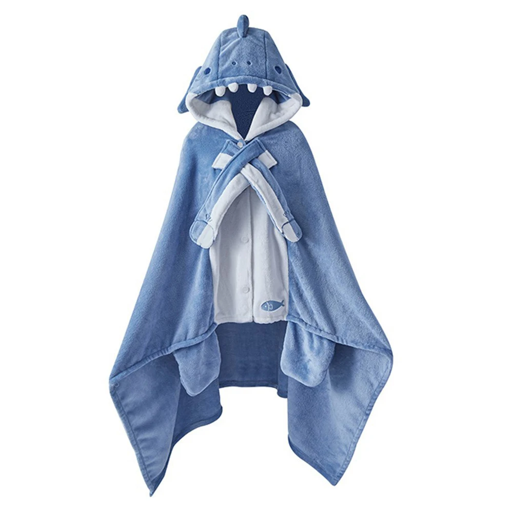 

Winter Blue Flannel Shark Cape Hooded Animal Coral Fleece Halloween Nightgown Long Shawl Cloak Blanket Women's Bath Robes Mantle