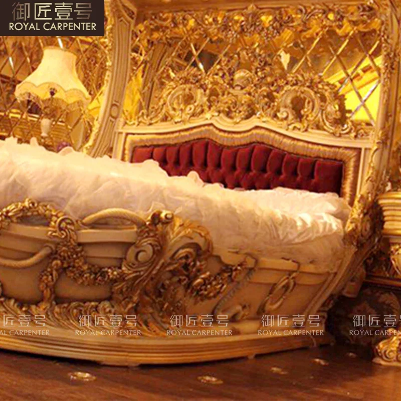 European solid wood carved double queen bed luxury boat bed French cloth princess bed villa bedroom furniture