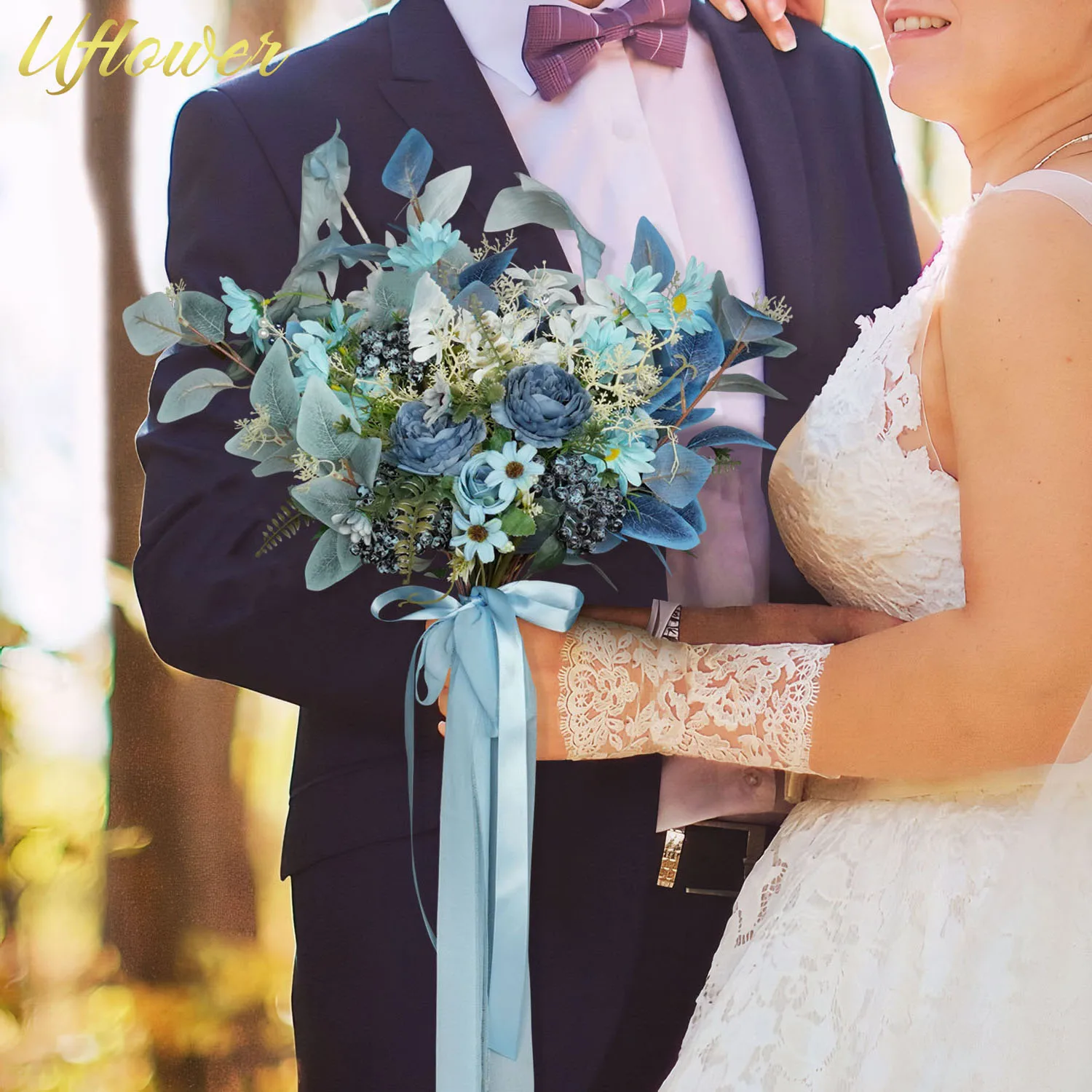 

Uflower Blue Wedding Bouquet for Bride Bridesmaid Lavender Rose Artificial Flowers Hand Flower Party Valentine's Day Anniversary