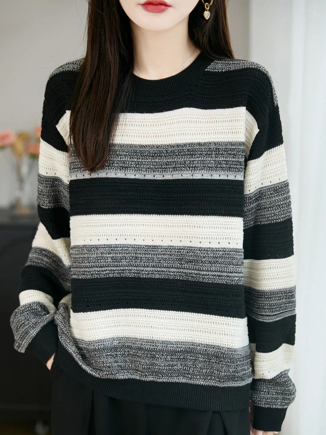 Fashionable Color Block Striped Loose Knitted round Neck Base Shirt Women's Autumn Winter Thickened Sweater Inner Wear