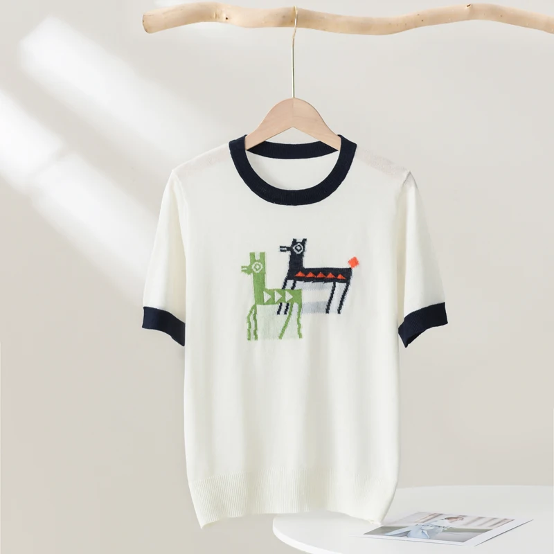 Summer New 100% Wool Deer Embroidery Short-Sleeve Casual Thin Color-Blocked Knitted Women'S T-Shirt Versatile Base Shirt