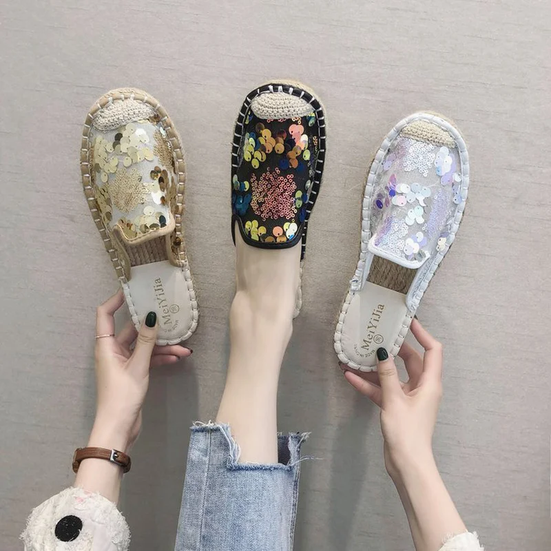 Women Mules Sandal Fashion Bling Mesh Slippers Women Comfort Low-heel Slides Slip on Casual Summer Slippers Slides Women