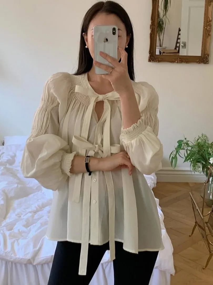 Chique ronde Ne Loose Lantern Sve Silk irt Faionable Agel Knot Tied Casual gevouwen top voor dames Trendy