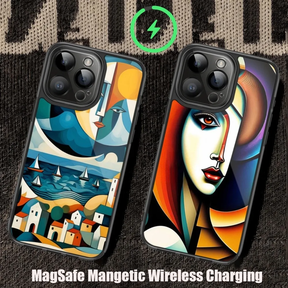 P-Picasso Art Painting Phone Case For iPhone 11 12 13 14 15 Pro Max Plus Mini Magsafe Magnetic Wireless Charging Shell