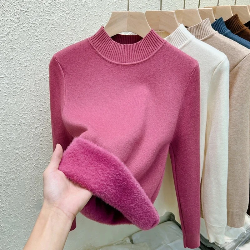 

New Fashion Semi-turtleneck Women's Integrated Fleece Sweater Elegant Slim-fitting Knitwear Pullover Solid Color Bottoming Shirt