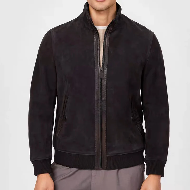 High luxury Kid Suede Leather Varsity Jacket for Men Winter Down Linging Warm Coat Threaded Cuffs Edge Seals Thick Veste Homme