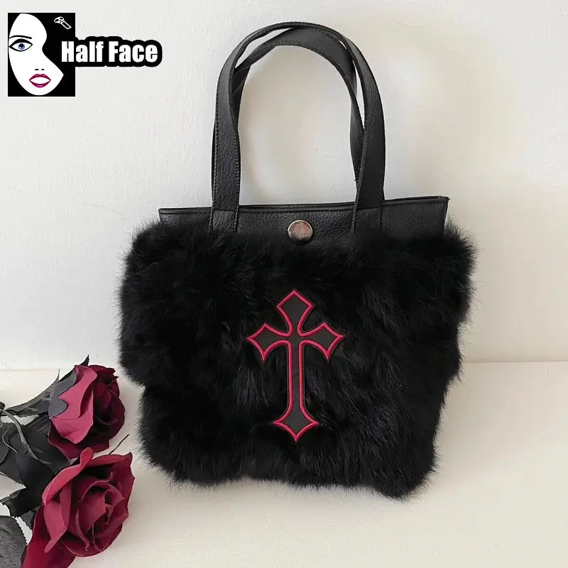 Y2K Girls Harajuku Women Gothic Subculture Autumn Winter High Street Punk One Shoulder Plush Rabbit Hair Black Cross Bags Tote