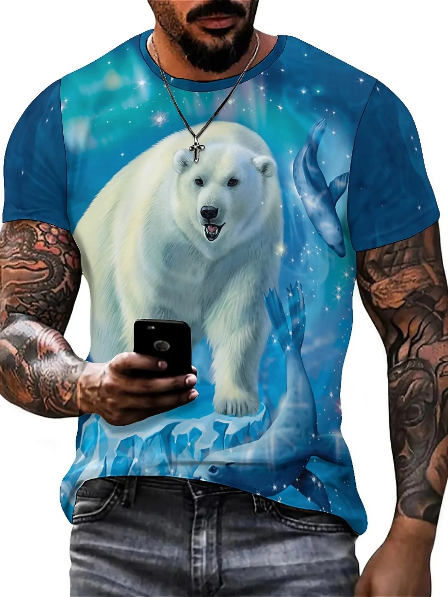 Men'S Plus Size Polar Bear 3D Print T-Shirt - Cool Hip-Hop Style, Blue Arctic Scene with Glacier & Foliage, Short Sleeve