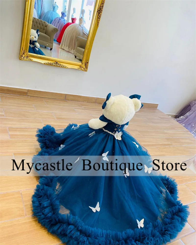 Blue Tulle Ruffles Quinceanera Teddy Bear Dress 2024 Luxurious Crystals Appliques Bow Mini Quinceanera Dress