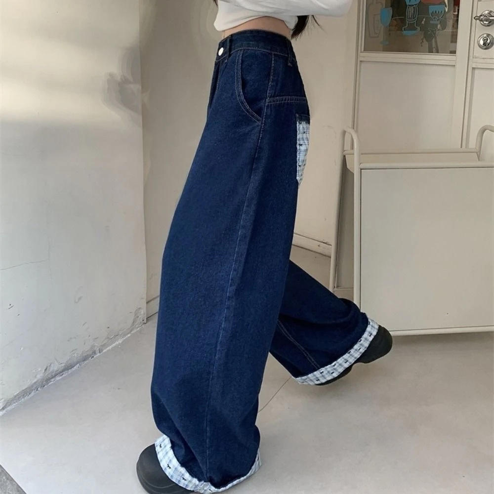 

Comfortable Sweet Straight Leg Jeans Bowknot Plaid Patchwork Baggy Pants Women Flared Trousers Loose Casual Long Pants Daily