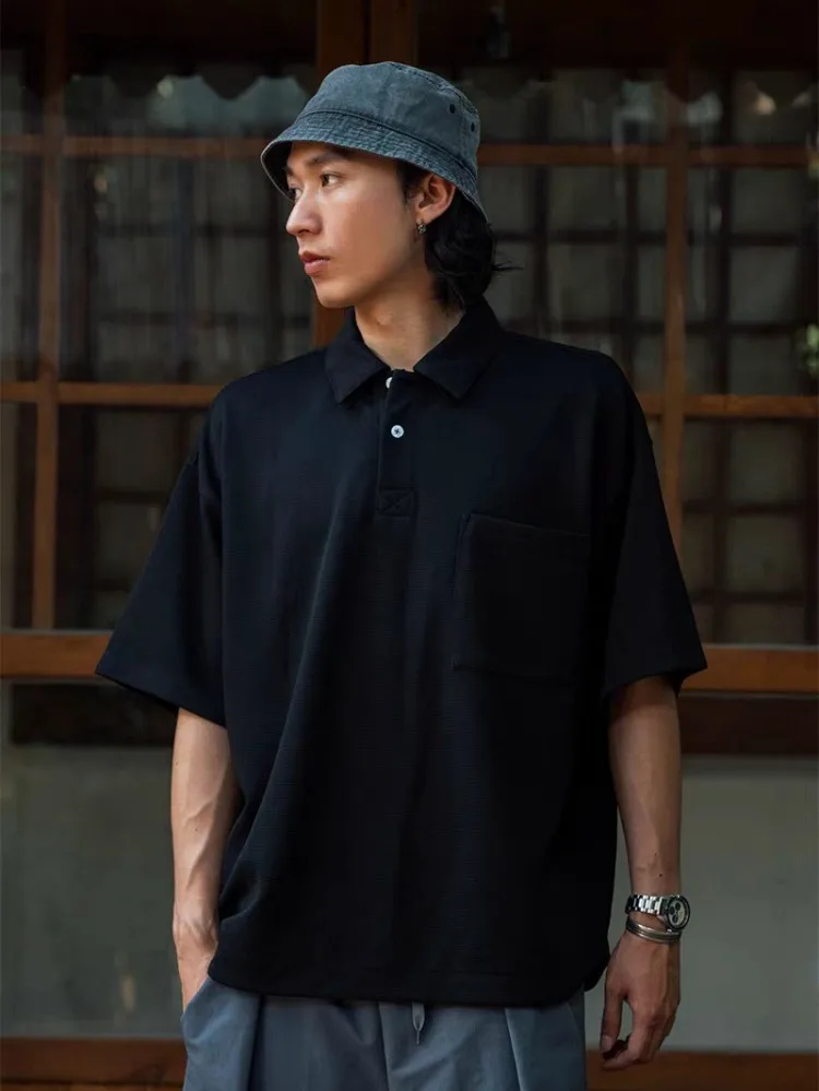 

Men's Grid Texture Polo Shirt - Oversized Relaxed Fit Casual Short-Sleeve Top with Chest Pocket