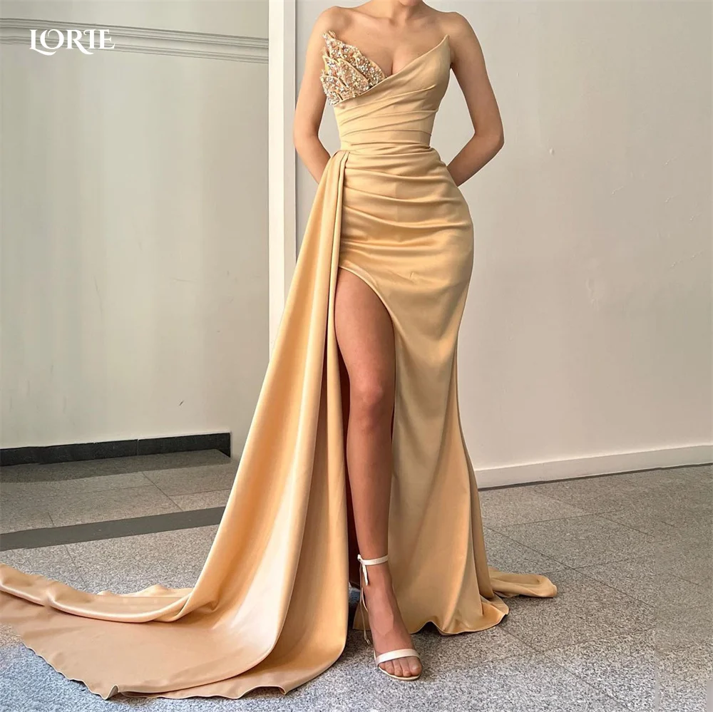 

LORIE Champagne Mermaid Evening Gowns Beadings V-Neck Off Shoulder Ruched Celebrity Dresses Side Split Dubai Bodycon Party Gown