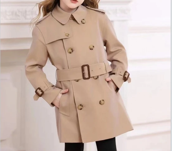 2024 Winter New Khaki Black Girls Trench Coat For Girls Clothing High quality England style Jacket Size 4 6 8 10 12 14Years