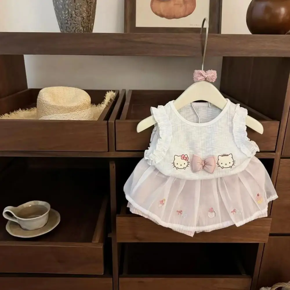 

Sanrio Hello Kitty Girls Vest Set Summer New Cartoon Sling Shorts Suit Baby Sweet Short Sleeve Tops Skirt Pants Child Gift 1-10Y