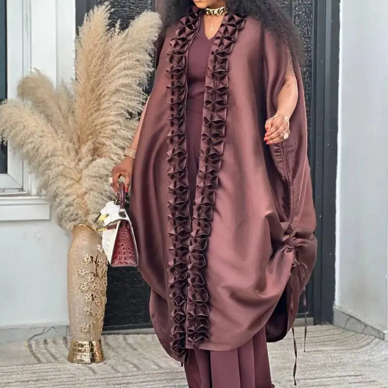 

Burgundy Satin Ruched Lace Shawl Jumpsuit Set, Loose V-neck Robe, Elegant Two-piece Evening Outfit