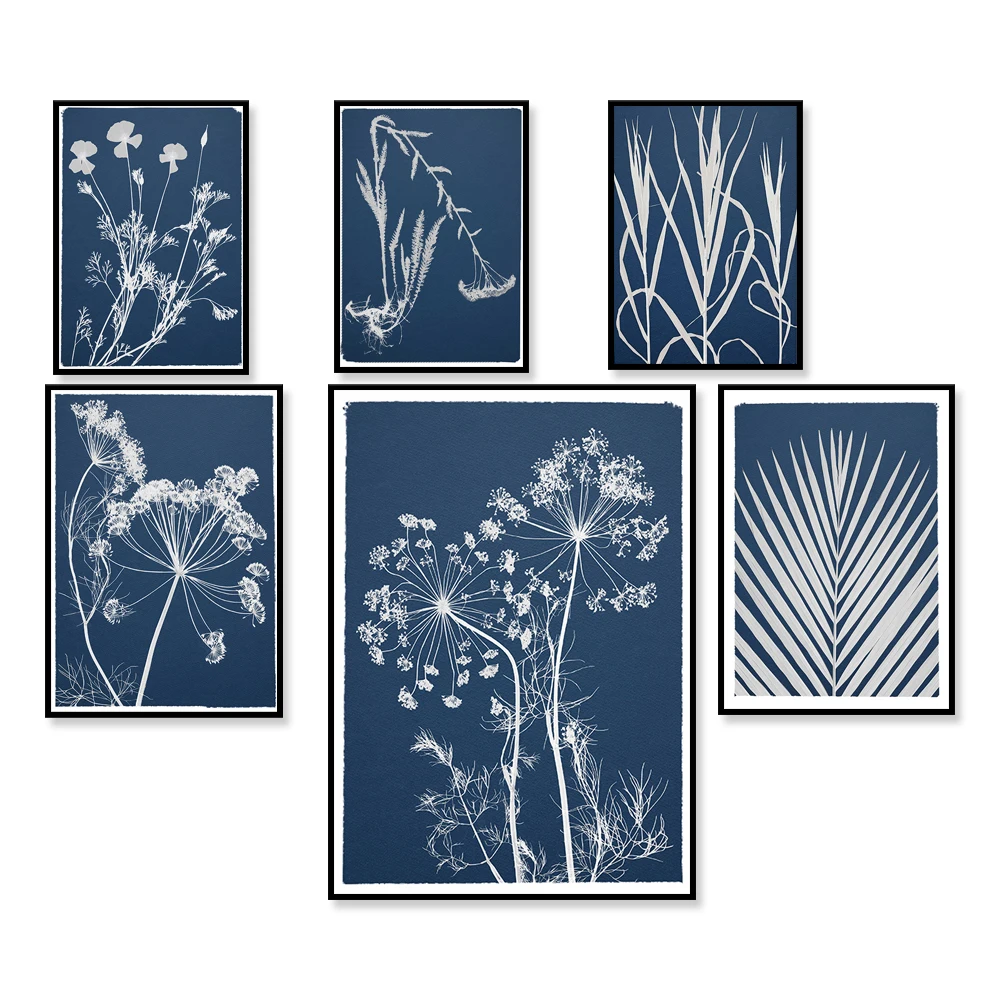 Cyanotypie-Druck – Blumen auf marineblauem Hintergrund – gepresste blume, botanische Kunst – blauer und weißer Wandkunstdruck