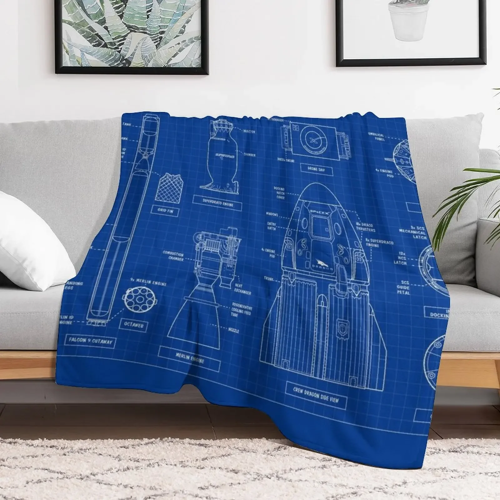 SpaceX: Falcon 9 and Crew Dragon (Blueprint-English) Throw Blanket Breathable Lightweight Blanket for Adults Kids