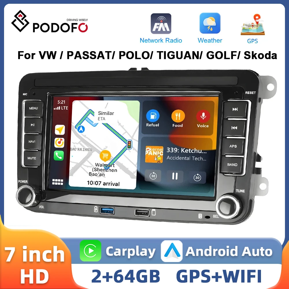 Podofo 7inch 2din Car Stereo For VW/PASSAT/GOLF/POLO/TIGUAN Multimedia Player Carplay Android Auto GPS Navigation WIFI Car Audio