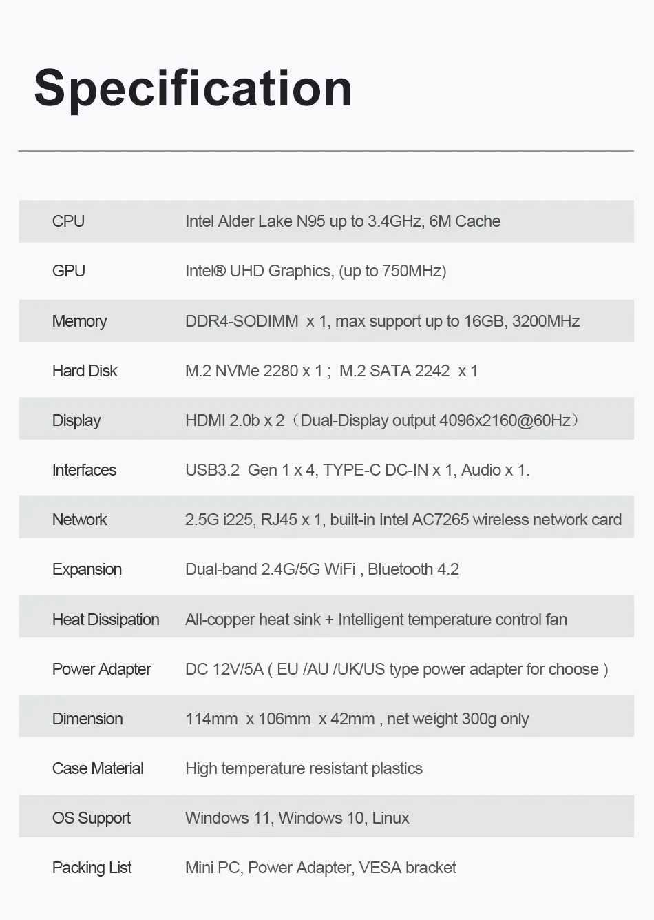 Bluetooth 4.2, 2 x HD, 4K, 60Hz, Windows 10, 11, Mini Ventilador PC, Intel N95, N100, 1 x LAN, i225, AC7265, Bluetooth, linux