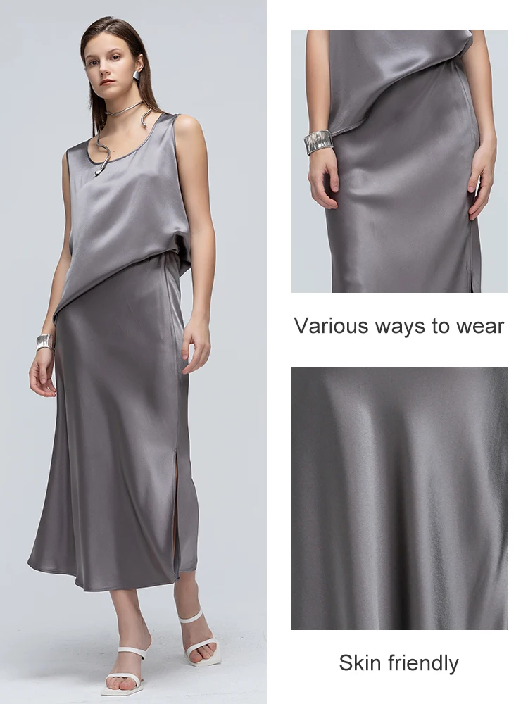 2024 Fashion Ladies 22MM plain crepe section silk smooth solid color split skirt