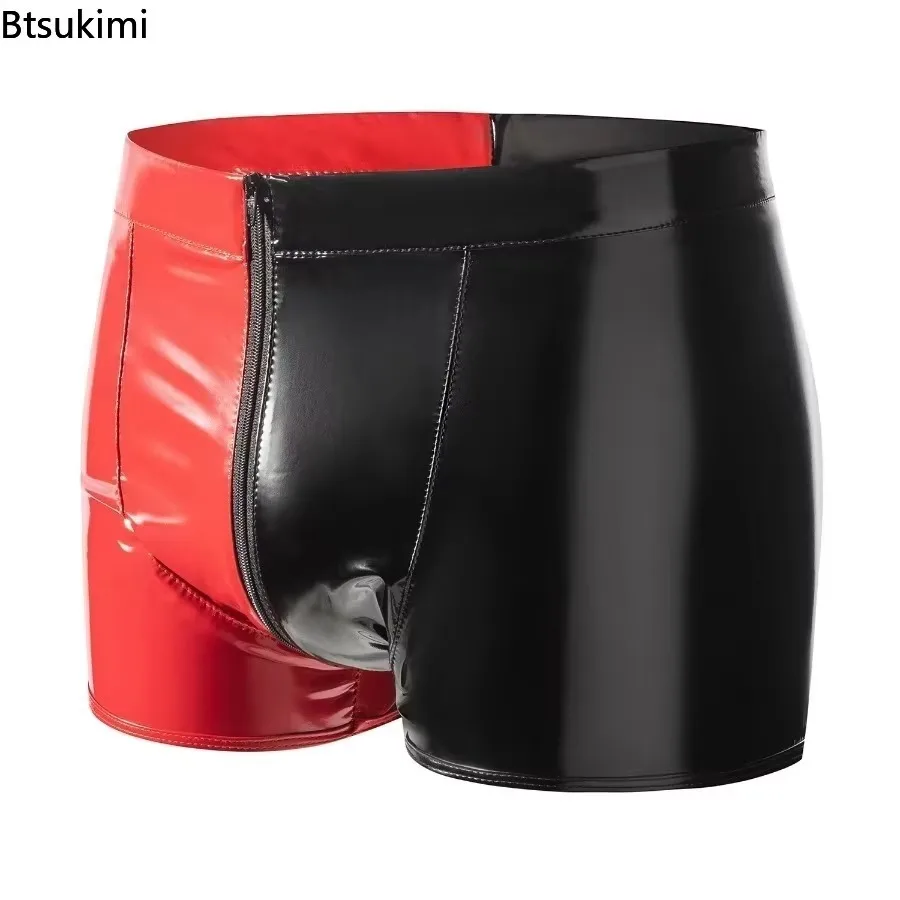 2025 Contrast Color Wet Look PVC Shorts Men Convex Pouch Zipper Shiny PU Leather Trunks Boxershorts Tights Calzoncillos Boxer