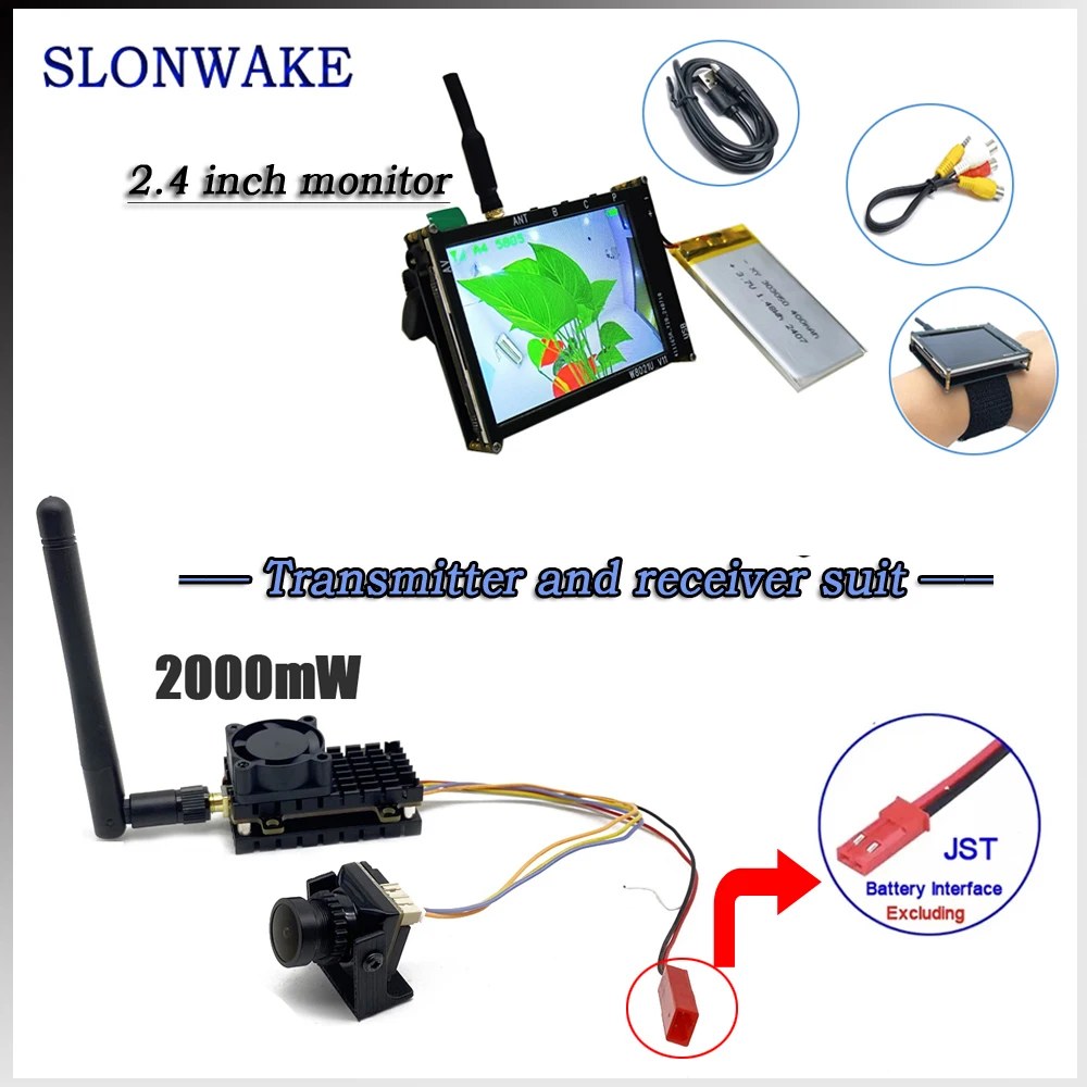 SLONWAKE 5.8G transmitter and receiver kiy 2W analog VTX fpv 1500TVL camera +2.4inch monitor suit Applicable to UAV fixed-wing