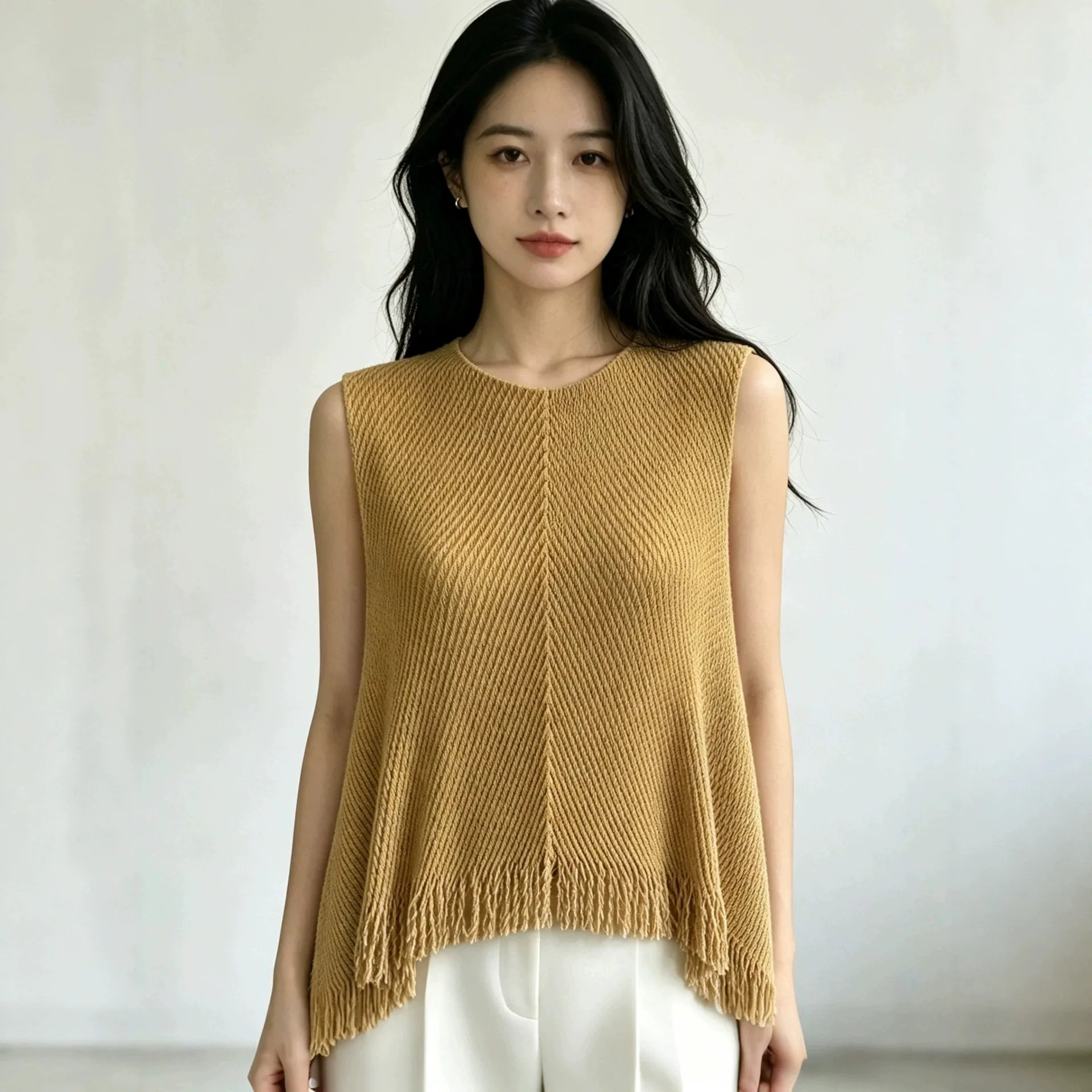 Miyake Fish Scale Pleated Summer New Round Neck Sleeveless Solid Color Women's Tassel Casual Vest Top