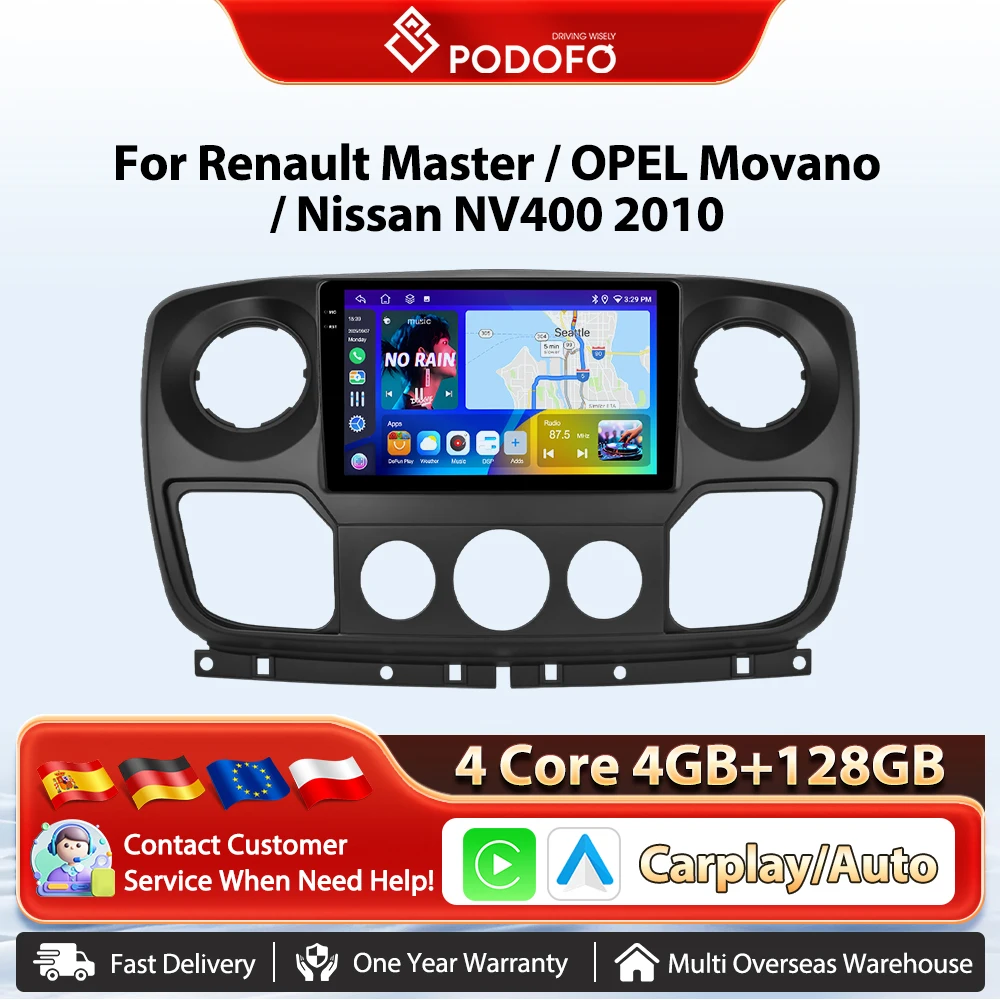 Podofo 10'' kabelloses Carplay- und Android-Auto-Radio für Renault Master/OPEL Movano/Nissan NV400 2010, intelligentes Fahrzeugsystem, GPS-Navigation, BT, FM/RDS, 2-DIN-Autoradio,