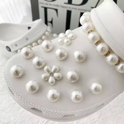 28pcs/26pcs Luxury ABS Pearl Flower Chain Detachable Charms For Crocs Shoe Decorations For Clogs Beach Bag Party Gift Idea