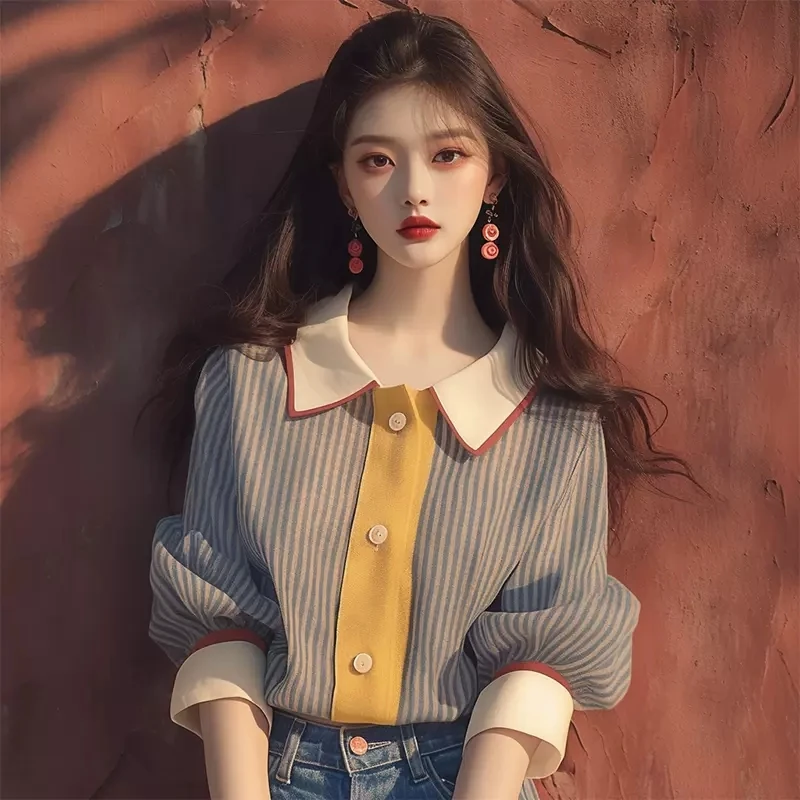 

Chiffon Vintage Women's Shirt Summer New 2026 Stripe Korean Clothing Sales Loose Tops Short Sleeves Elegant Women Blouses