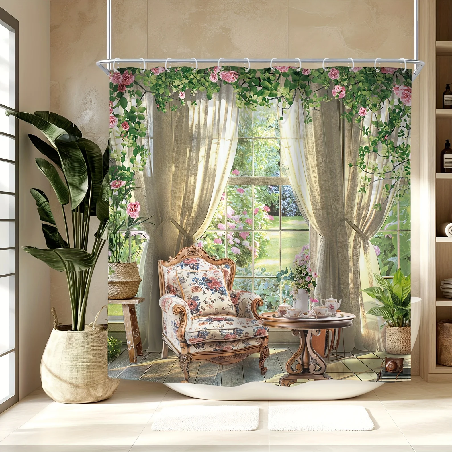 

Занавеска для душа: уютная садовая комната с цветочными шторами и винтажной мебелью для отдыха и элегантного декора ванной комнаты